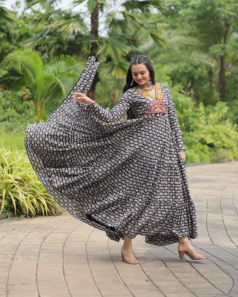 Womenline Black Color Cotton Gamthi Work Navratri Gown