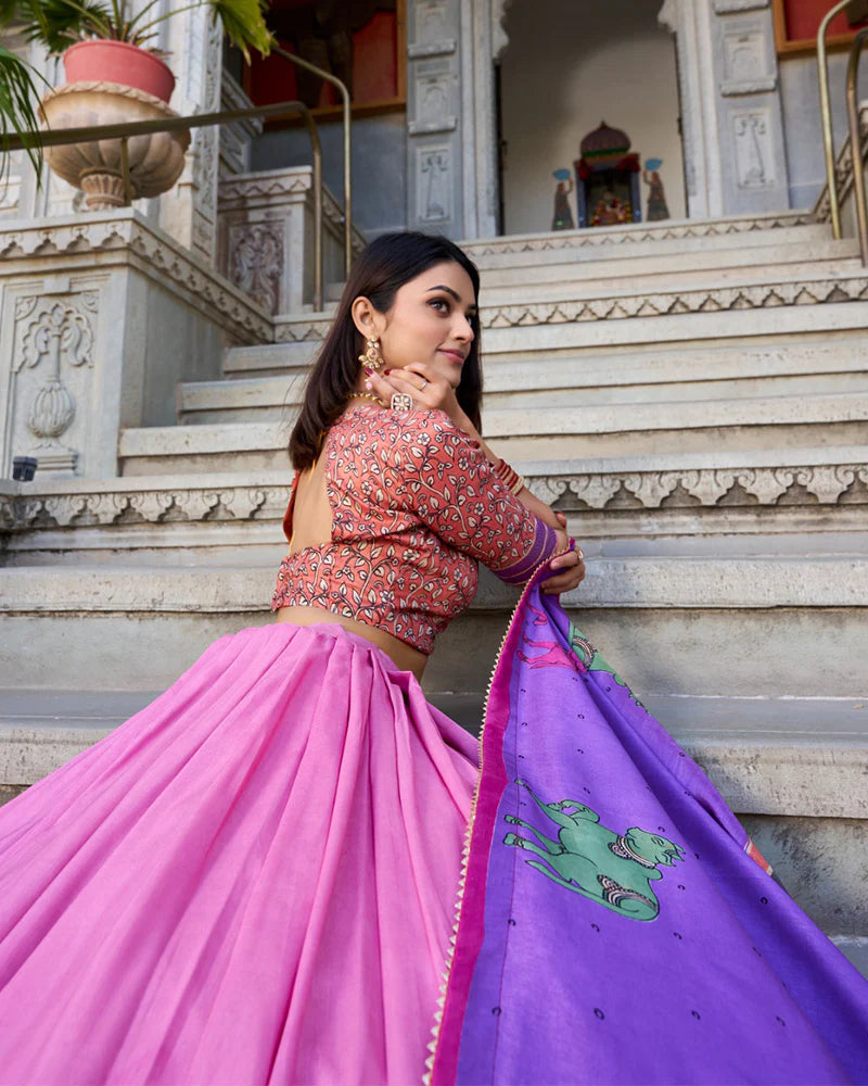 Womenline Peach Color Tussar Silk Kalamkari Printed Lehenga Choli