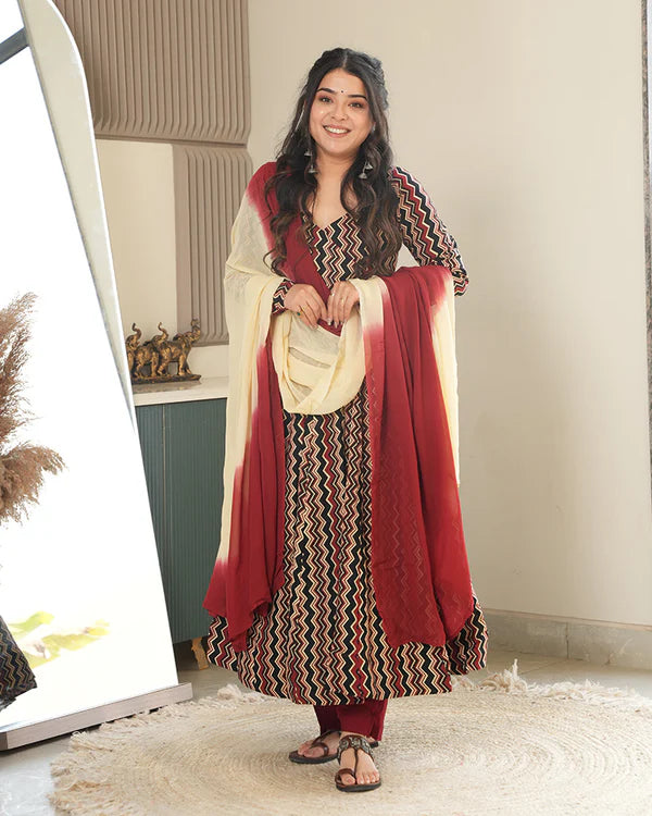 Womenline Black Color Laheriya Printed Pure Cotton Anarkali Suit