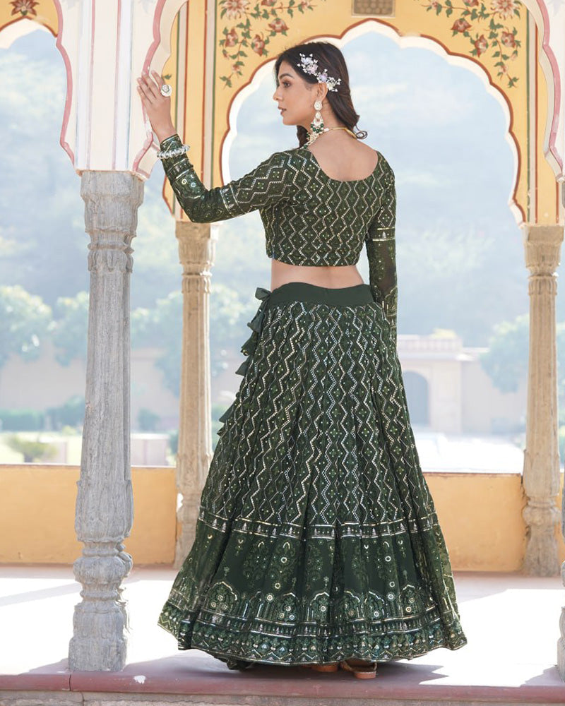 Womenline Dark Green Color Georgette Heavy Embroidery Threaded Semi Stitched Lehenga Choli