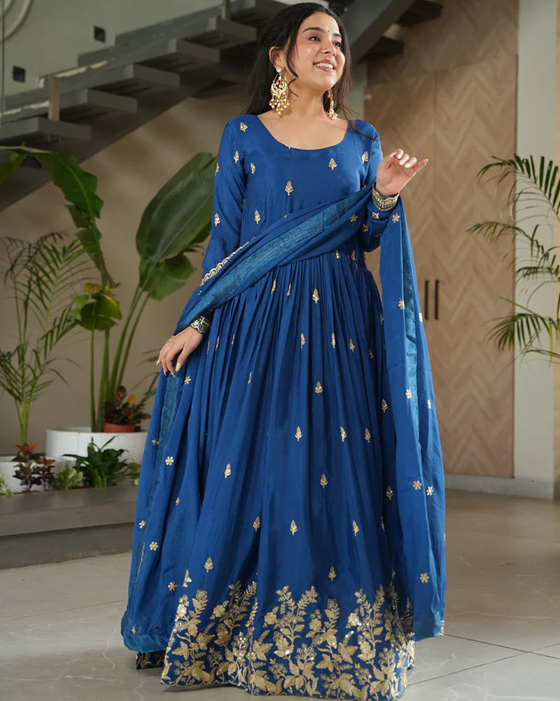 Womenline Rama Color Chinnon Sequence Embroidered Gown