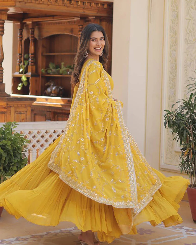 Womenline Yellow Color Faux Georgette Designer Anarkali Gown With Dupatta