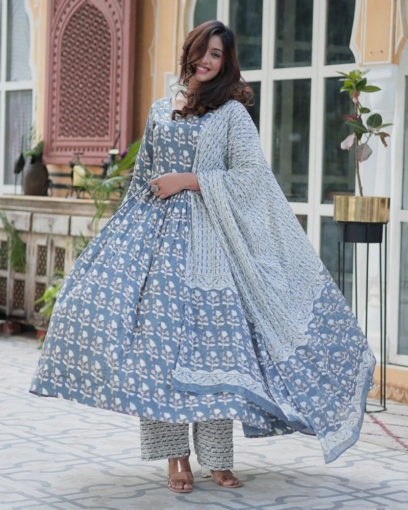 Womenline Gray Color Printed Pure Cotton Three Piece Kurti Suit