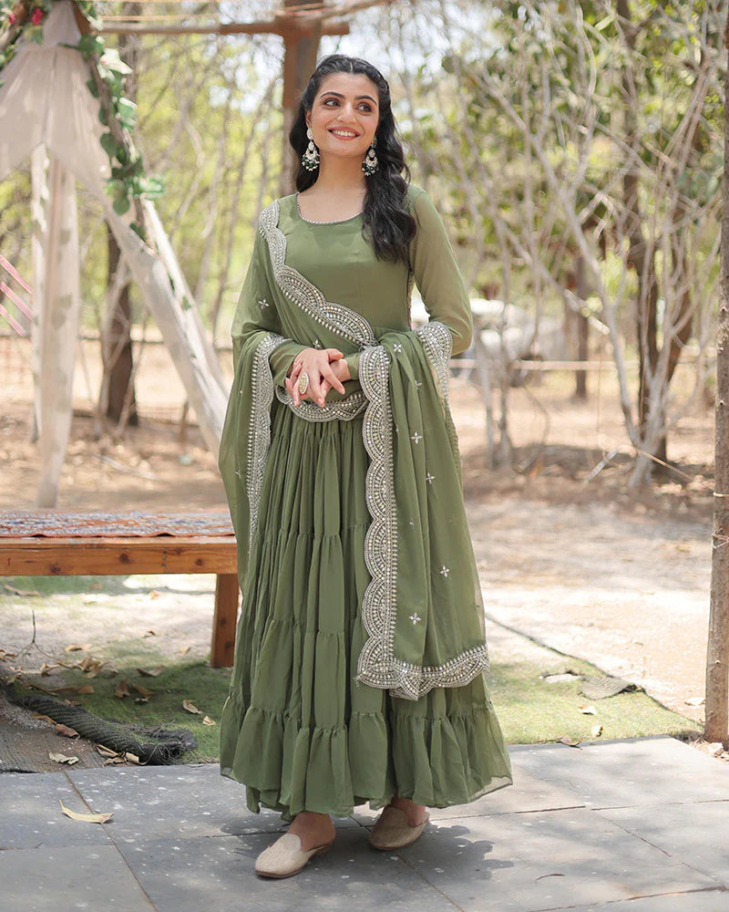 Womenline Mehndi Color Designer Embroidered Gown With Dupatta
