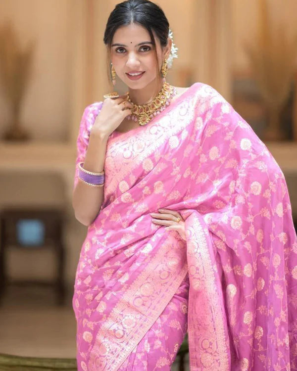 Womenline Pink Color Banarasi Jacquard With Zari Work Saree
