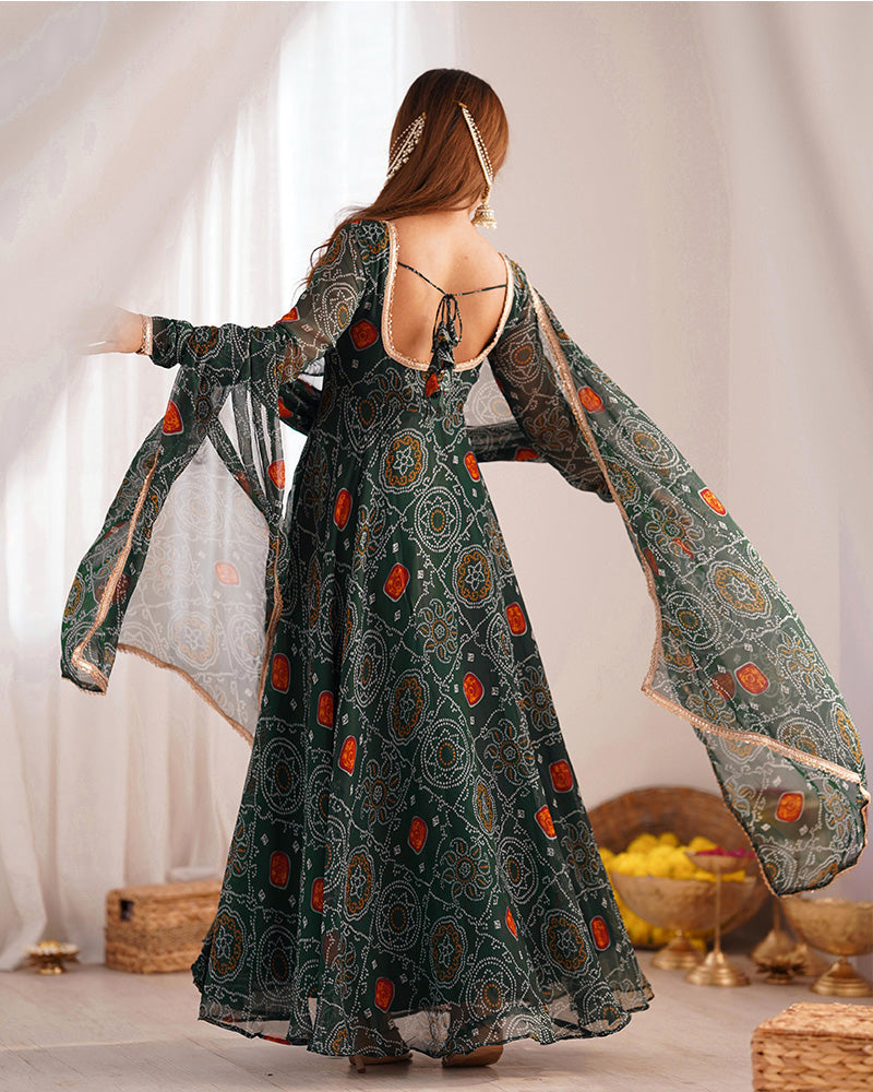 Womenline Green Color Bandhej Print Soft Chiffon Anarkali Gown
