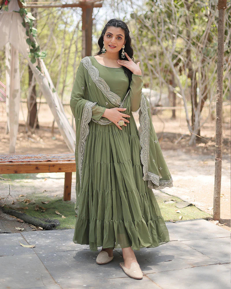 Womenline Mehndi Color Designer Embroidered Gown With Dupatta