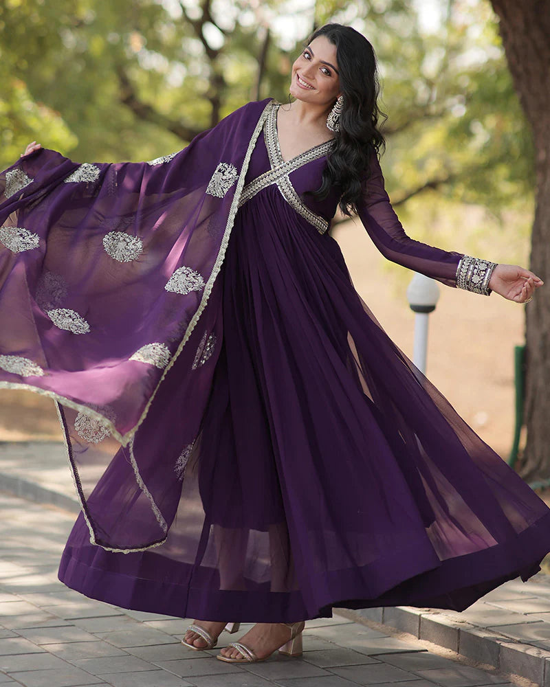 Womenline Wedding Wear Embroidered Wine Color Alia Cut Gown With Dupatta