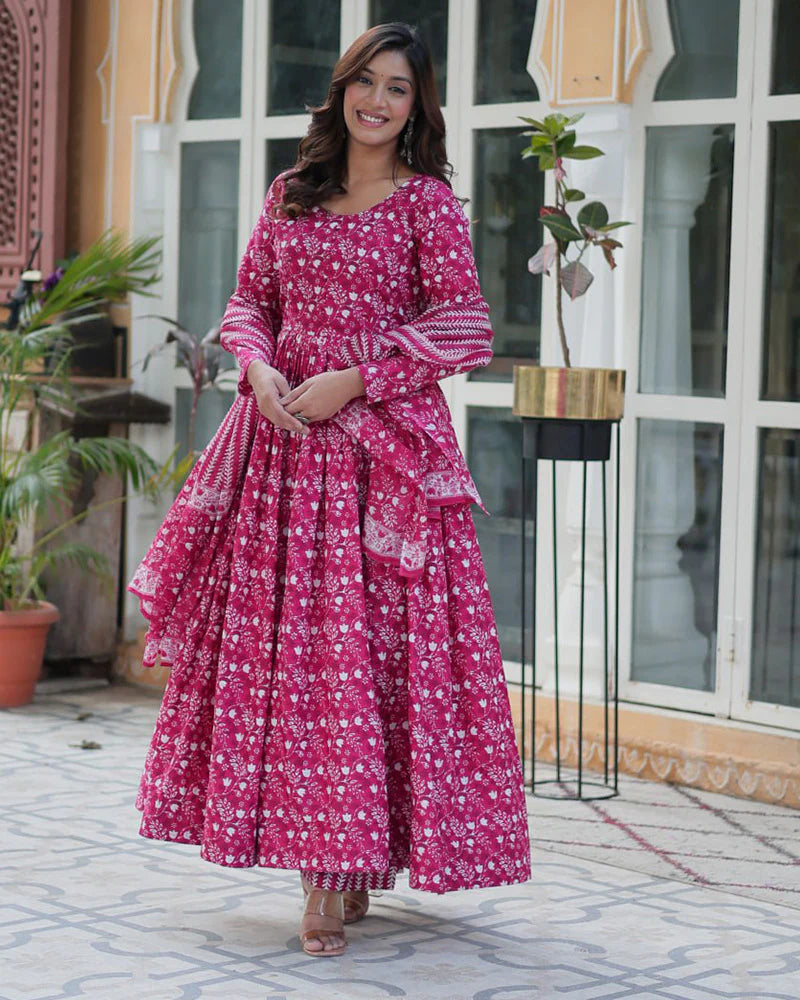 Womenline Pink Color Printed Pure Cotton Three Piece Kurti Suit