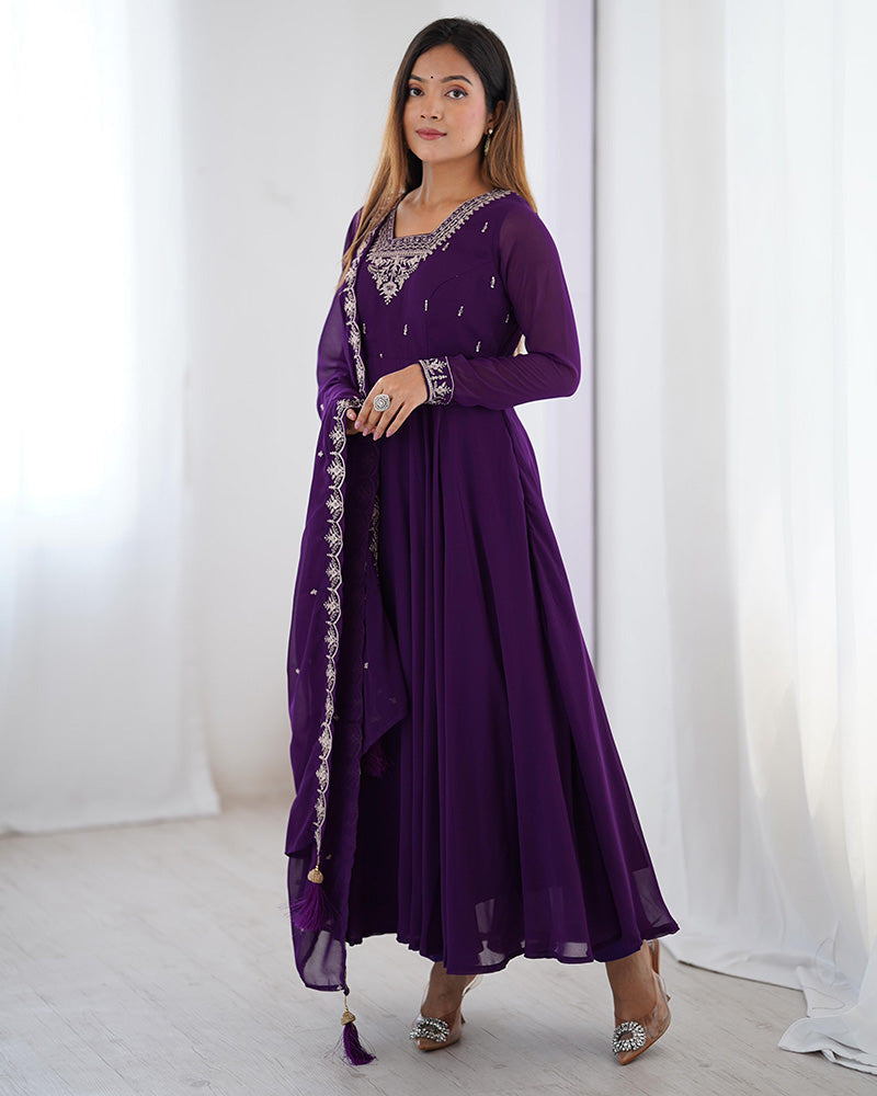 Womenline Purple Color Georgette Embroidered Three Piece Anarkali Suit