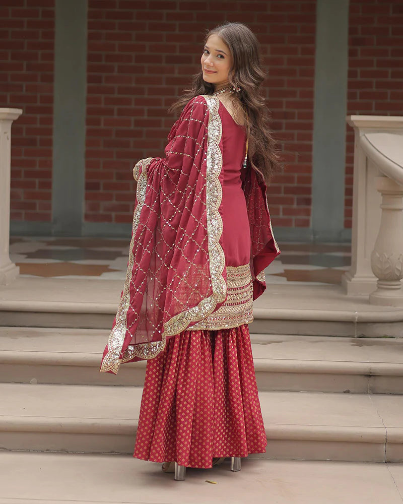 Womenline Maroon Color Georgette And Jacquard Sharara Suit
