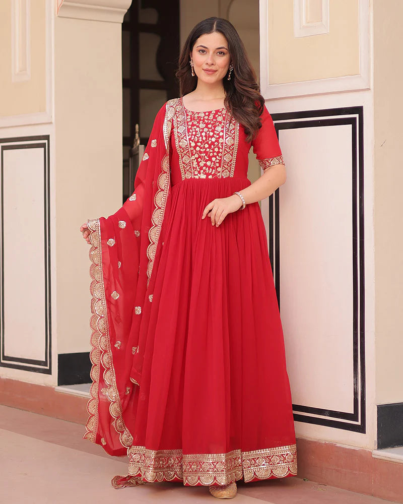 Womenline Designer Red Anarkali Gown With Golden Embroidery