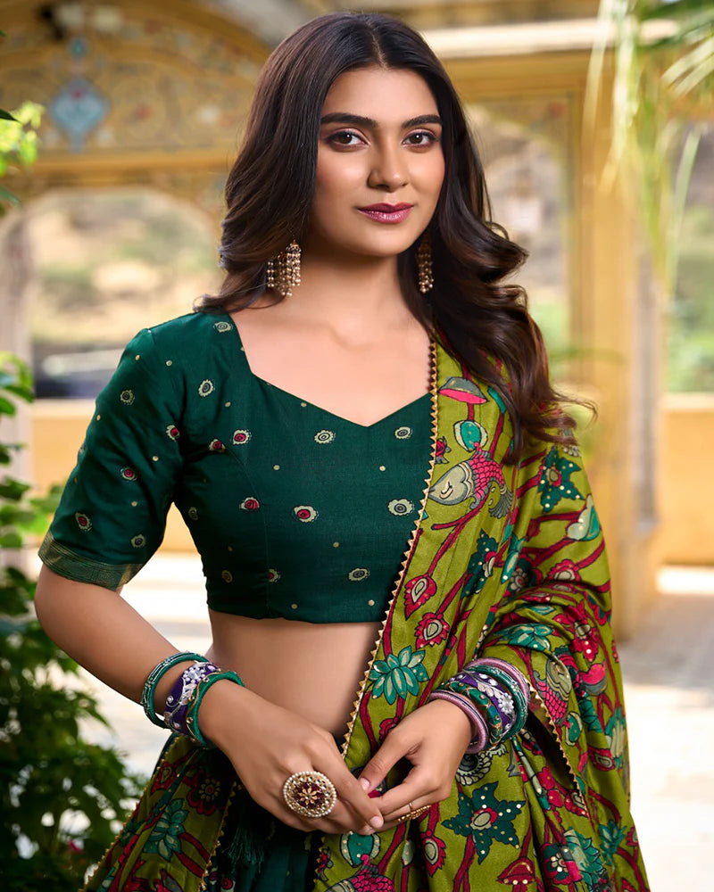Womenline Green Color Tussar Silk Kalamkari Printed Navratri Lehenga Choli
