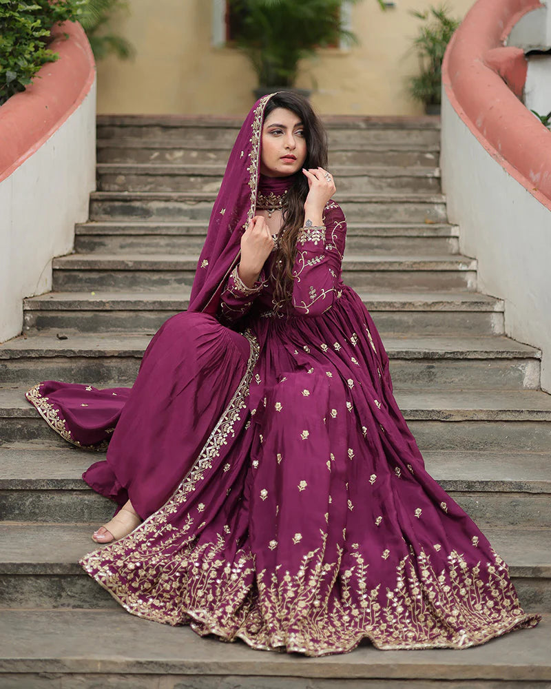 Womenline Wine Color Designer Three Piece Sharara Suit