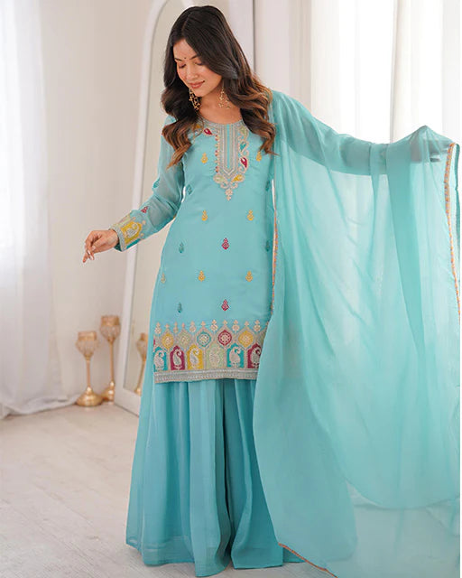 Womenline Sky Blue Color Pure Soft Crunchy Silk Sharara Suit
