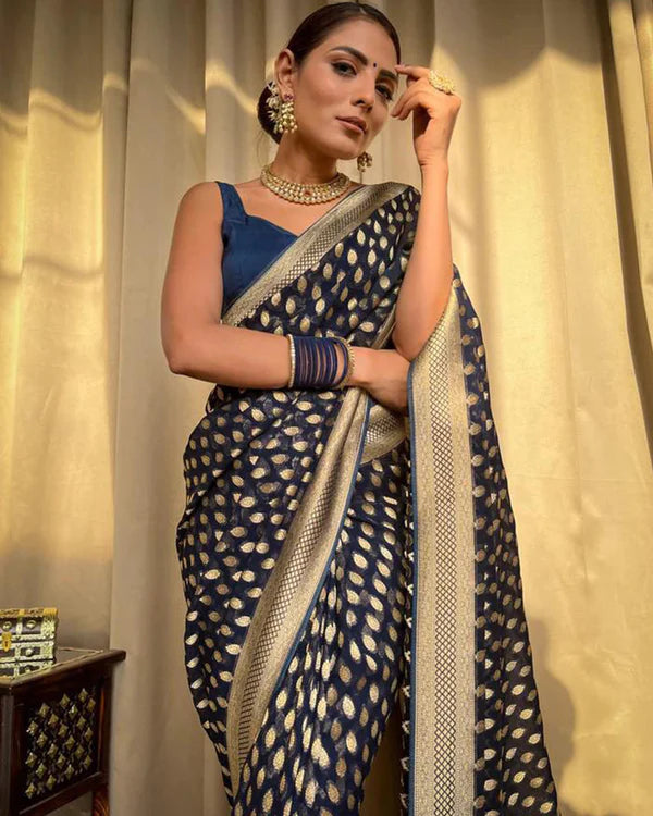 Womenline Beautiful Navy Blue Color Banarasi Jacquard Weaving Saree