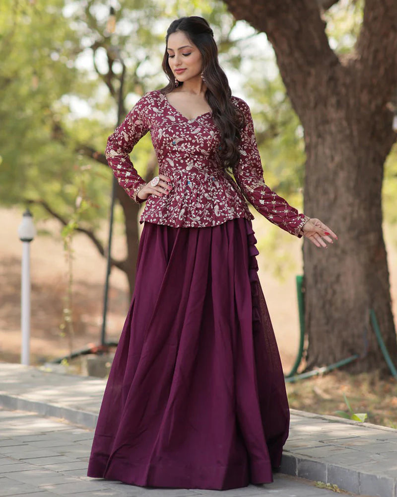 Womenline Wine Color Vichitra Shimmer Crop Top Lehenga Choli