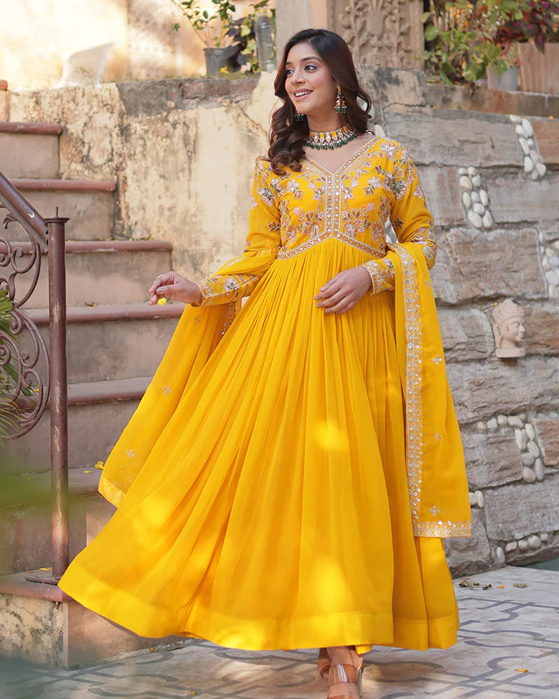 Womenline Mustard Color Faux Blooming Zari Embroidered Work Gown
