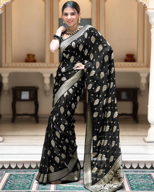 Womenline Black Color Banarasi All Over Jacquard Soft Silk Saree