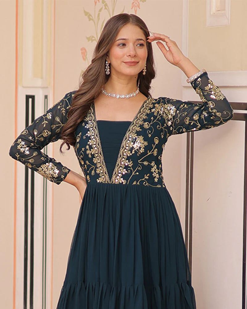 Womenline Elegant Rama Floor-Length Gown With Golden Threadwork