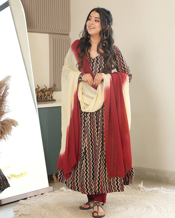 Womenline Black Color Laheriya Printed Pure Cotton Anarkali Suit