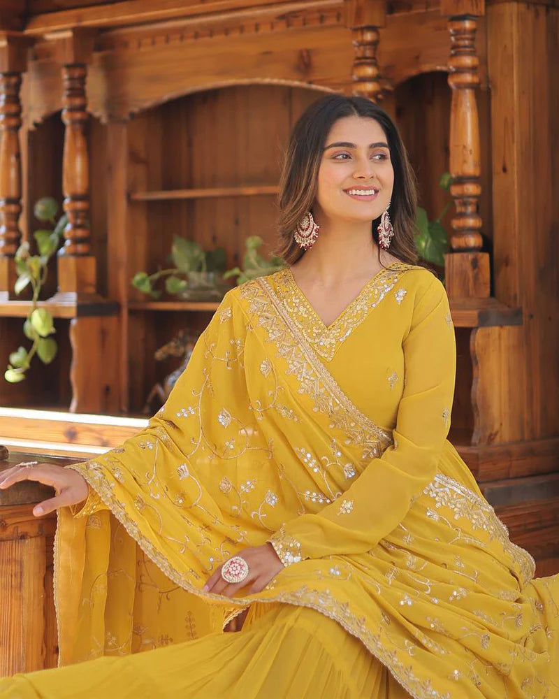 Womenline Yellow Color Faux Georgette Designer Anarkali Gown With Dupatta