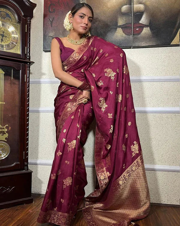 Womenline Wine Color Big Flower Design Banarasi Soft Silk Saree