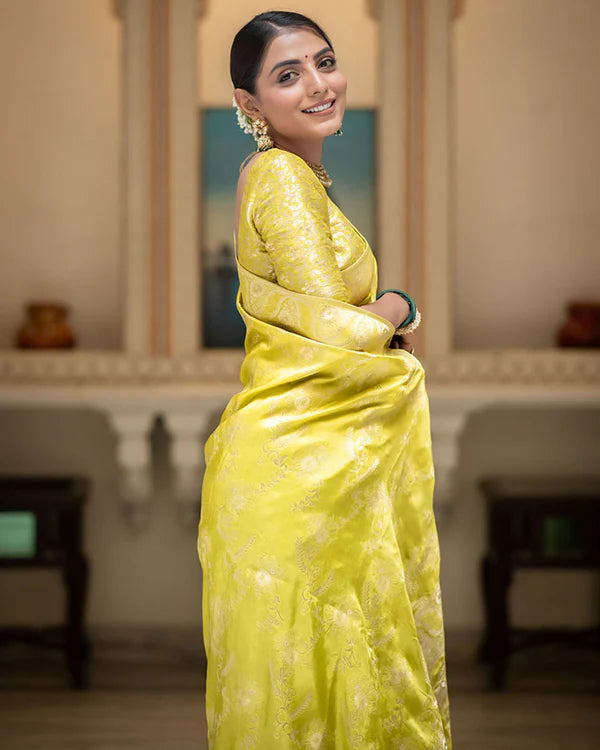 Womenline Lemon Color Banarasi Jacquard Zari Weaving Saree