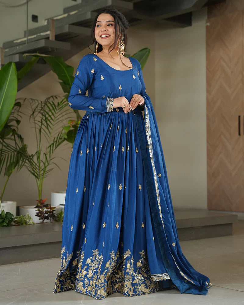 Womenline Rama Color Chinnon Sequence Embroidered Gown