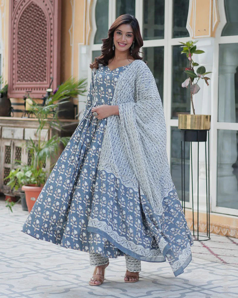 Womenline Gray Color Printed Pure Cotton Three Piece Kurti Suit