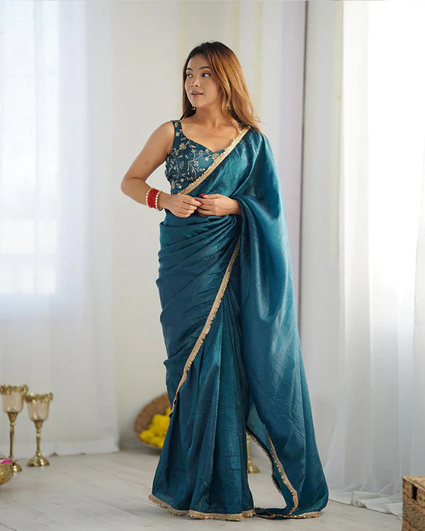 Womenline Teal Blue Color Tissue Silk Saree