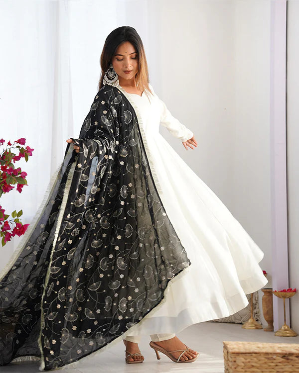 Womenline White Color Soft Vichitra Silk Anarkali With Black Dupatta