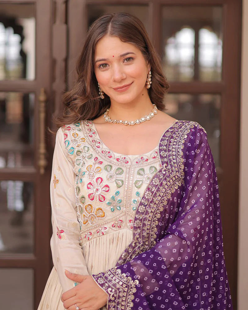 Womenline Off-White Color Jacquard Gown With Purple Dupatta
