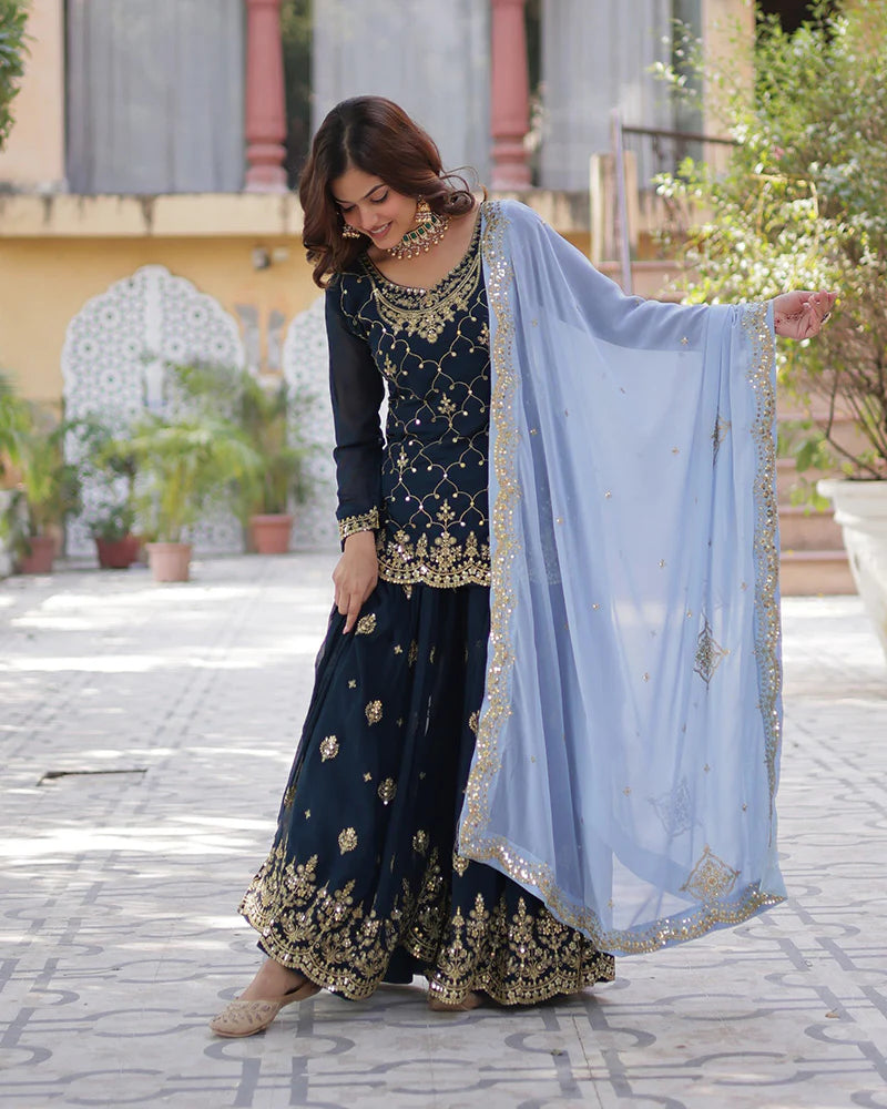 Womenline Rama Color Faux Blooming Embroidered Plazzo Suit