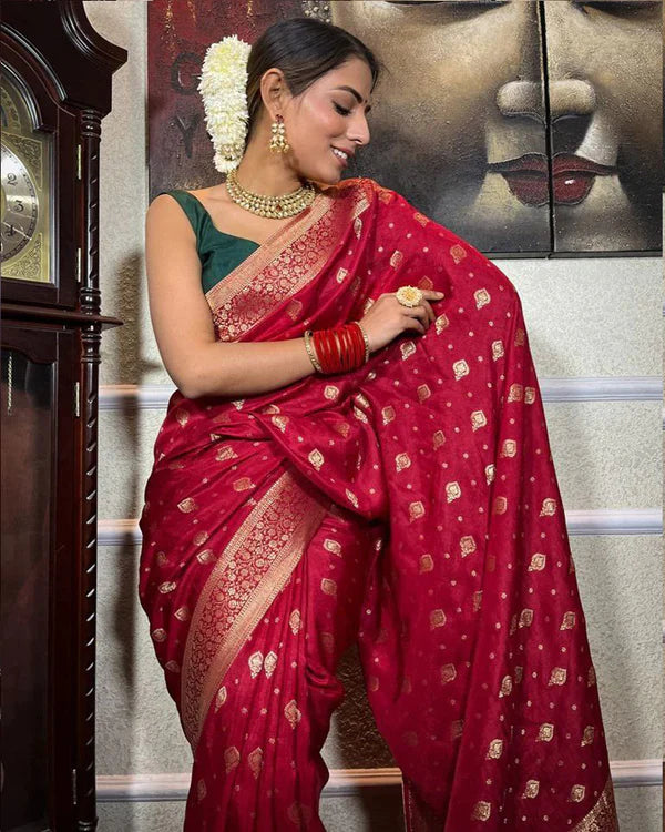 Womenline Red Color Small Butti Design Banarasi Soft Silk Saree