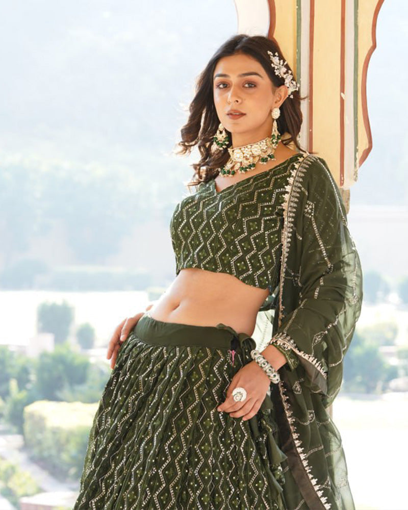Womenline Dark Green Color Georgette Heavy Embroidery Threaded Semi Stitched Lehenga Choli