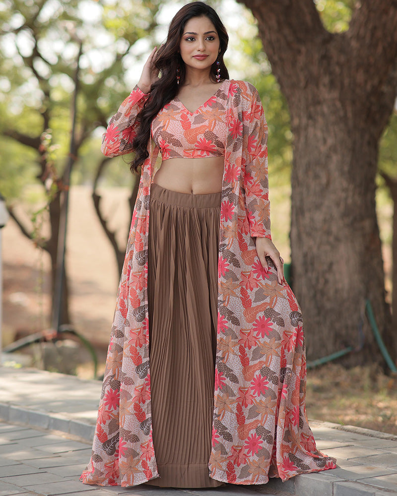 Womenline Beige Color Faux Georgette Lehenga Choli