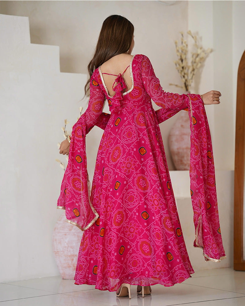 Womenline Rani Pink Color Bandhej Print Soft Chiffon Anarkali Gown