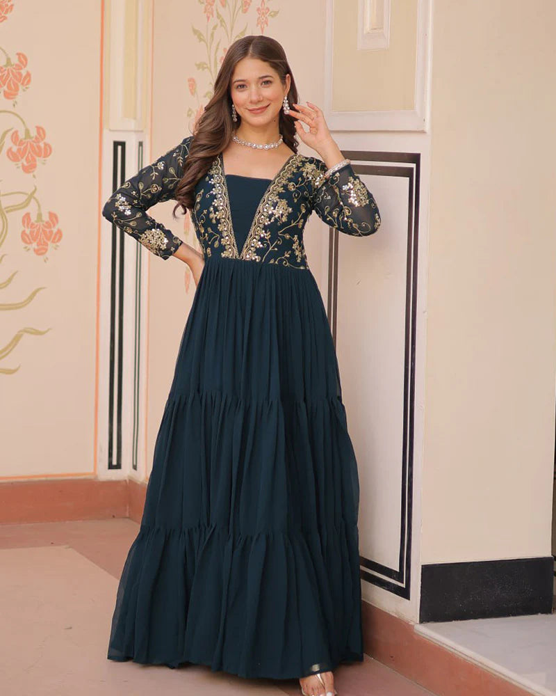 Womenline Elegant Rama Floor-Length Gown With Golden Threadwork