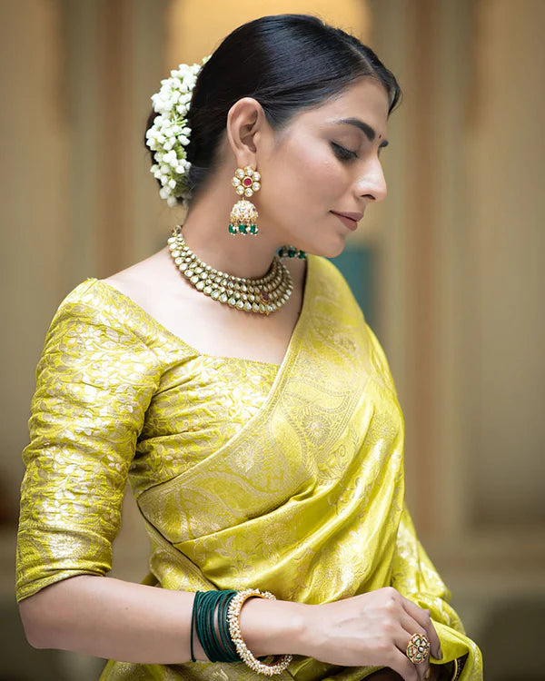 Womenline Lemon Color Banarasi Jacquard Zari Weaving Saree
