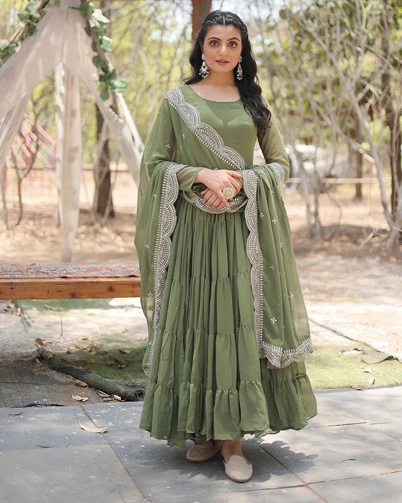 Womenline Mehndi Color Designer Embroidered Gown With Dupatta