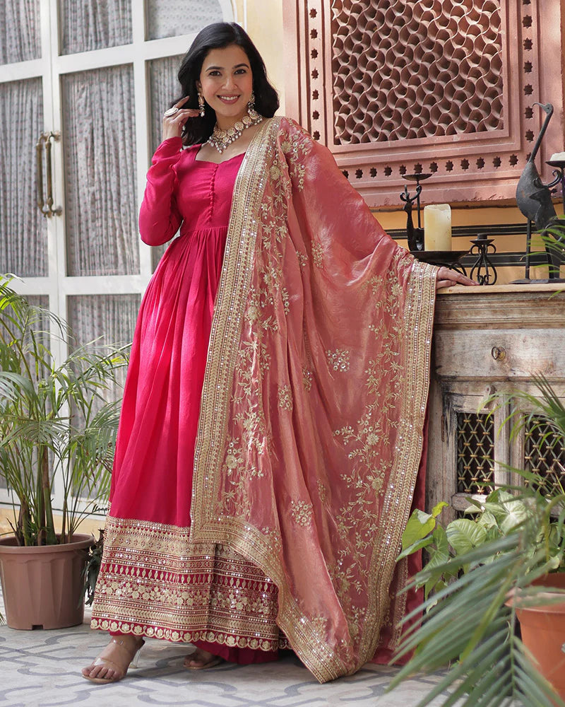Womenline Rani Pink Color Vichitra Shimmer Sequence Embroidered Gown