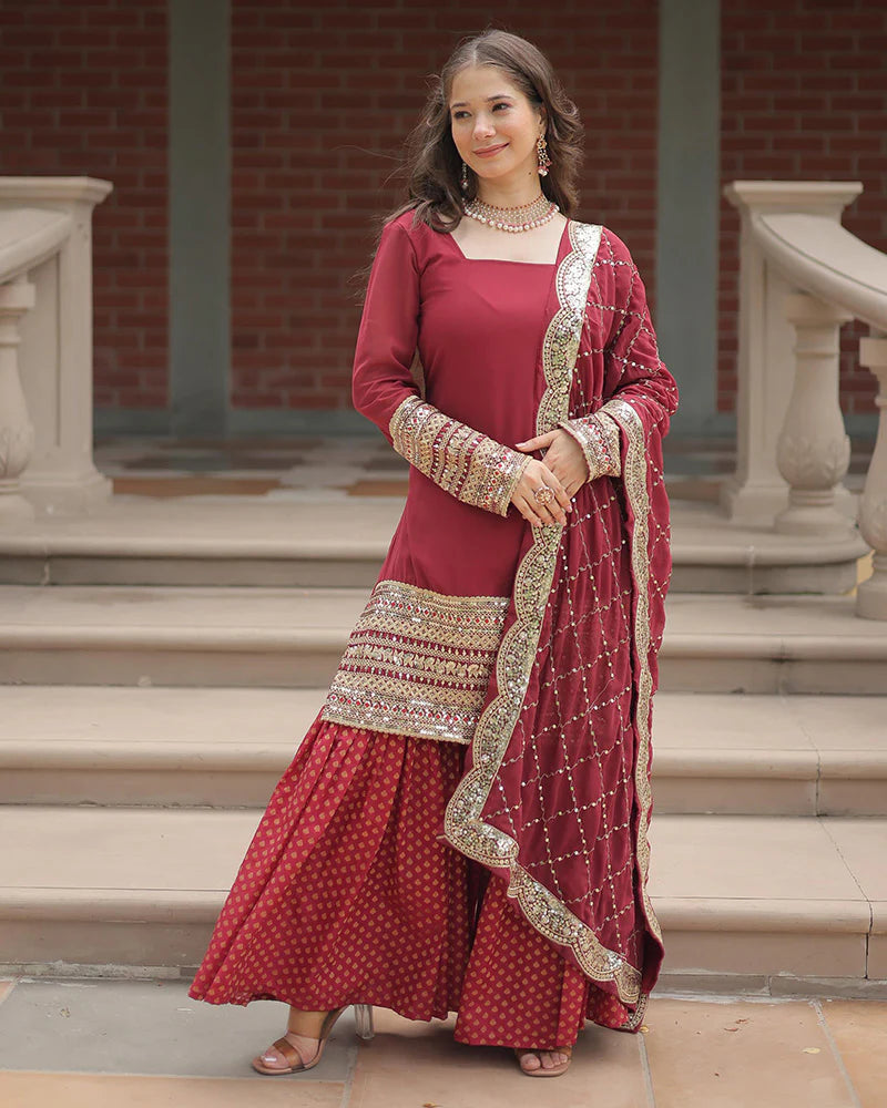 Womenline Maroon Color Georgette And Jacquard Sharara Suit