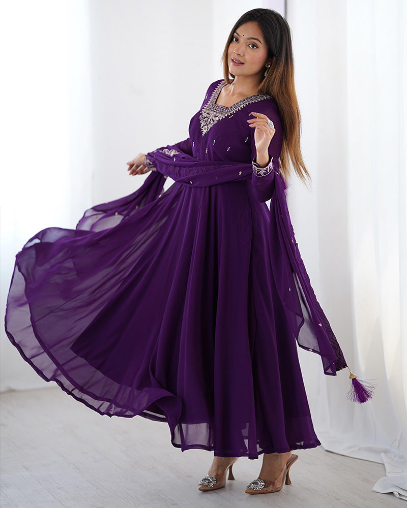 Womenline Purple Color Georgette Embroidered Three Piece Anarkali Suit
