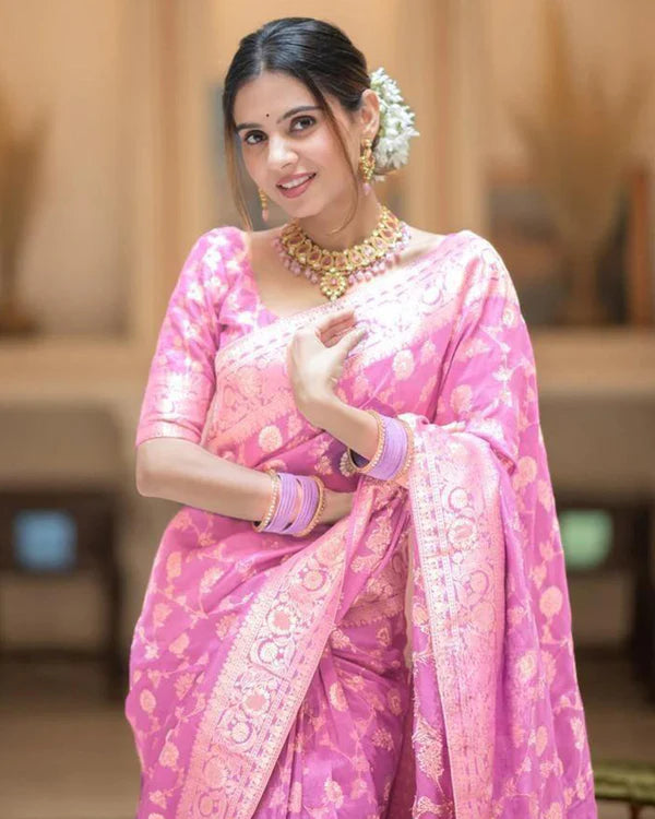 Womenline Pink Color Banarasi Jacquard With Zari Work Saree