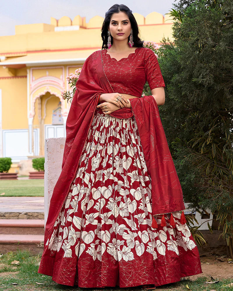 Womenline Red Color Tussar Silk Floral And Foil Printed Navratri Lehenga Choli