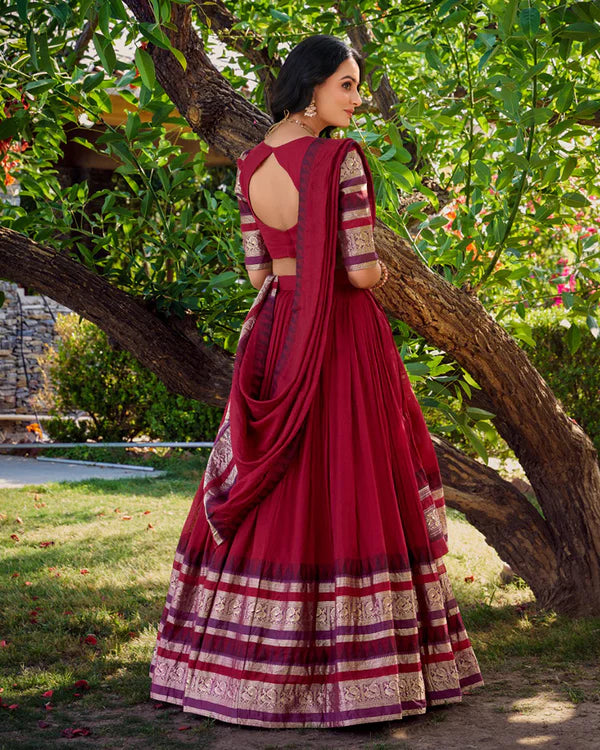 Womenline Red Color Pure Chanderi Plain Half Saree