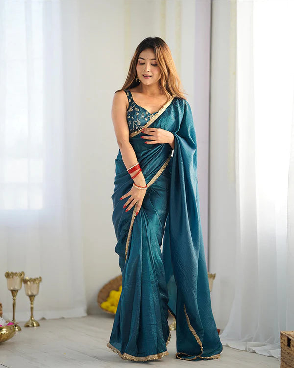 Womenline Teal Blue Color Tissue Silk Saree