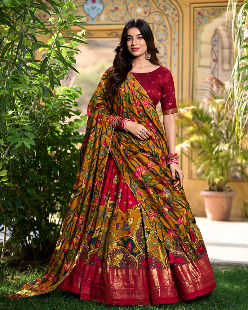 Womenline Red Color Tussar Silk Kalamkari Printed Navratri Lehenga Choli