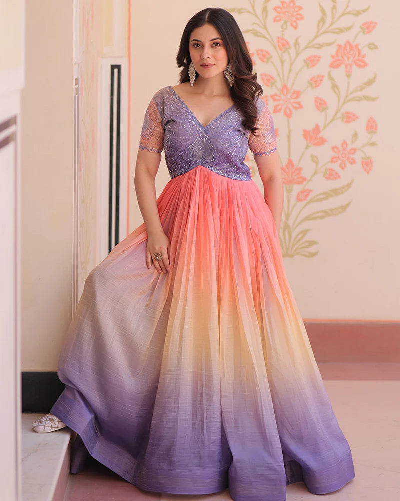 Womenline Lavender Color Gold Crush Embroidered work Gown